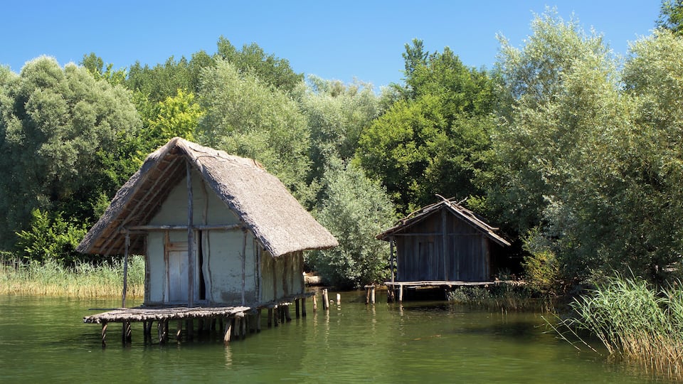 Two thatched-roof houses on stilts in a water body surrounded by dense greenery.