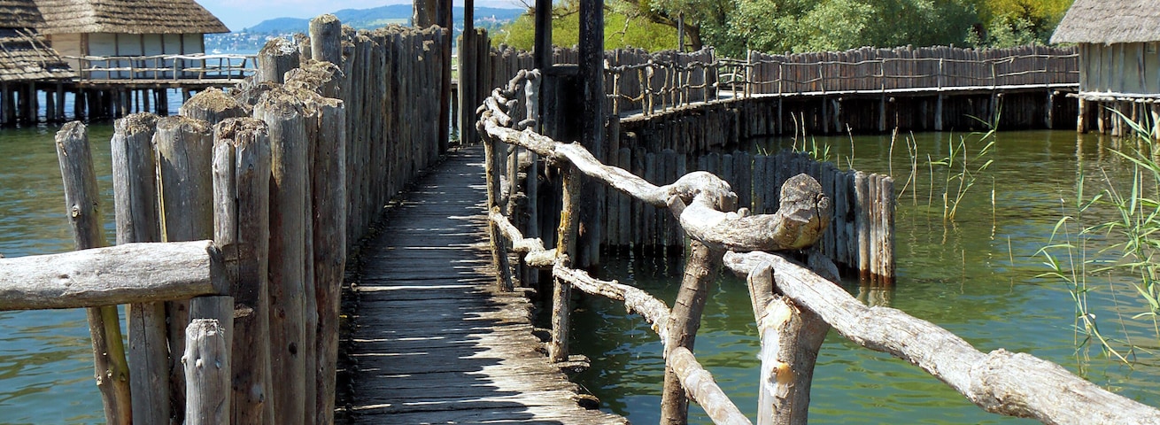 Palisade and lakeside gate of the Stone Age Village Sipplingen, Pfahlbaumuseum Unteruhldingen, Uhldingen-Mühlhofen, Lake Constance, Germany