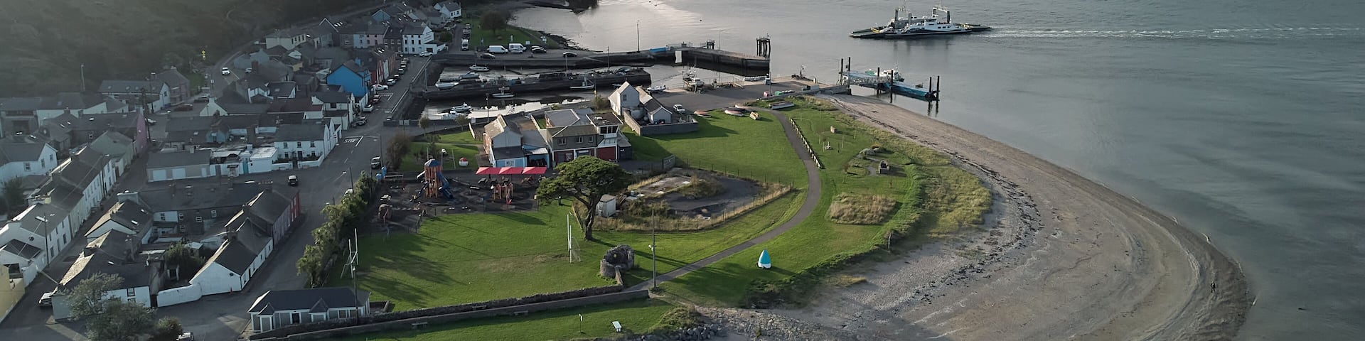 River Suir, Ireland - Aerial view of The Passage East Ferry across River Suir linking the villages of Passage East in Co. Waterford and Ballyhack in Co. Wexford