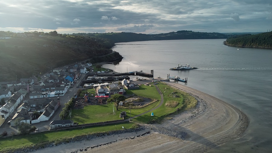 River Suir, Ireland - Aerial view of The Passage East Ferry across River Suir linking the villages of Passage East in Co. Waterford and Ballyhack in Co. Wexford