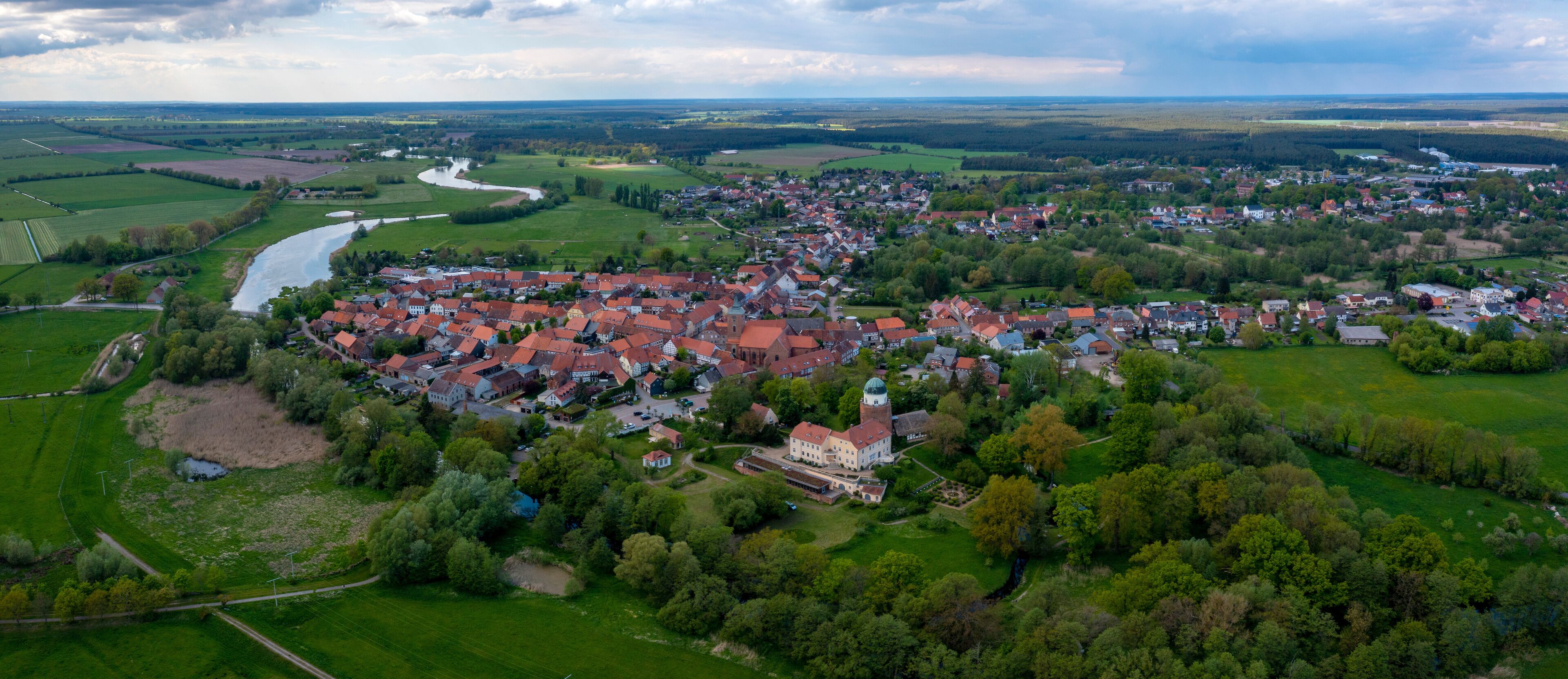 Aerial view of the village Lenzen in mecklenburg-vorpommern, Germany on a sunny morning in spring