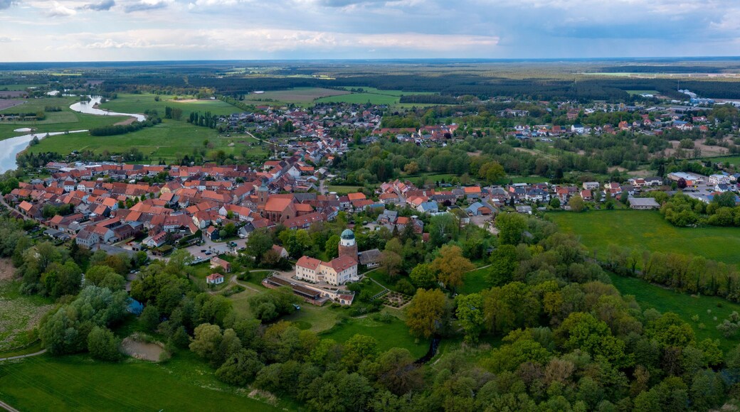 Aerial view of the village Lenzen in mecklenburg-vorpommern, Germany on a sunny morning in spring