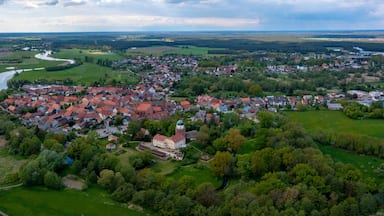 Vista aérea de un pueblo con un río, campos verdes y una iglesia destacada.