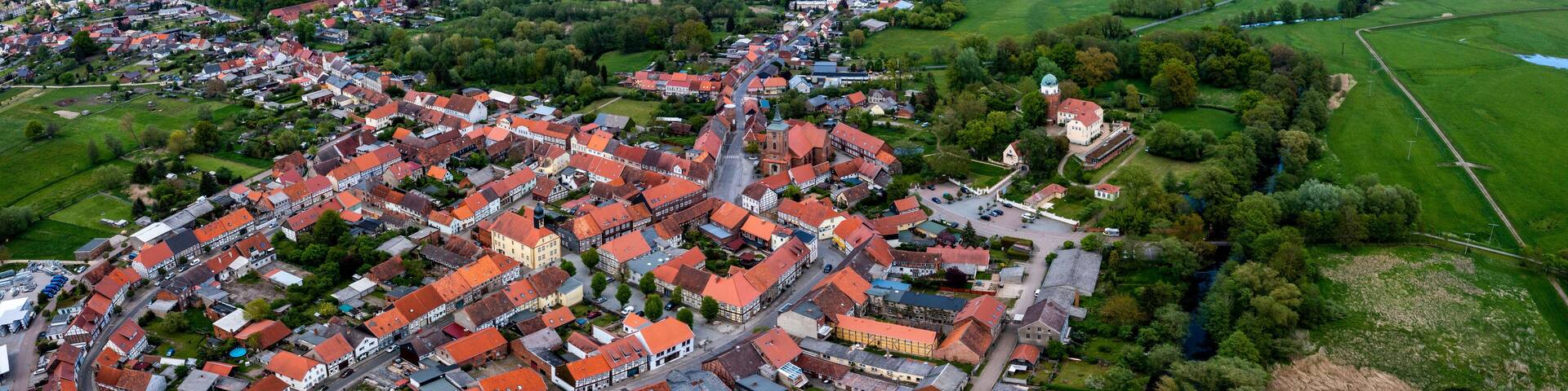 Aerial view of the village Lenzen in mecklenburg-vorpommern, Germany on a sunny morning in spring