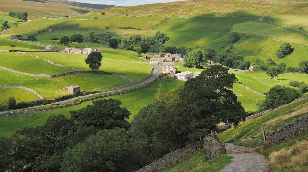 View from Kisdon hill to Keld in upper Swaledale, the Swale river flowing through the deep cut behind the houses.