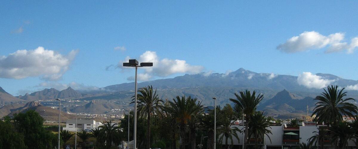 A mountain range with a clear sky, palm trees, and buildings in the foreground.