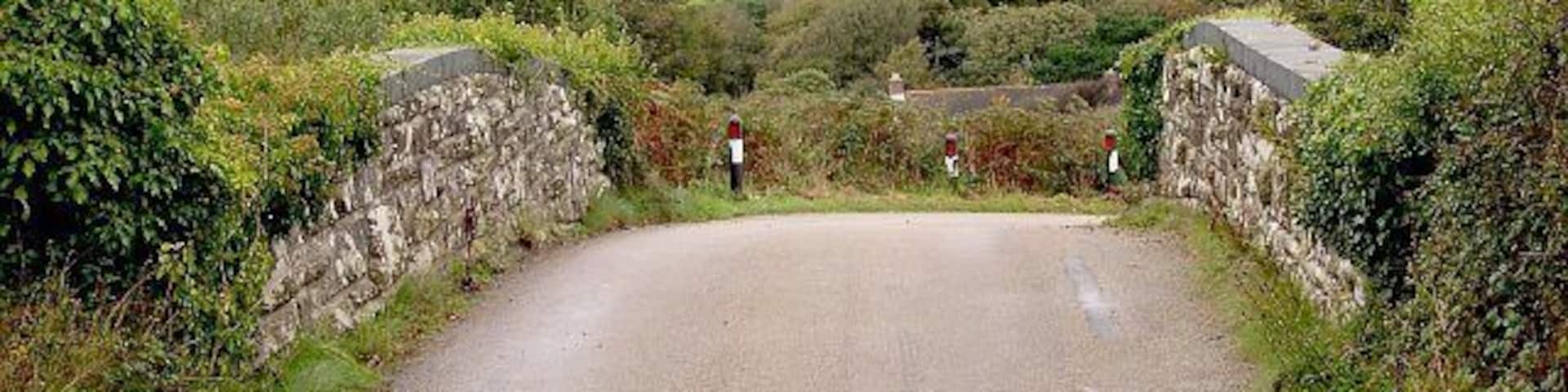 Bridge over the dismantled railway line at Mithian. This bridge used to carry the road from Mithian Down to Mithian over the Perranporth Railway branch line. The line has been closed for many years. Over the bridge is the land around the village of Mithian. The village itself is behind the trees on the right hand side of the picture.