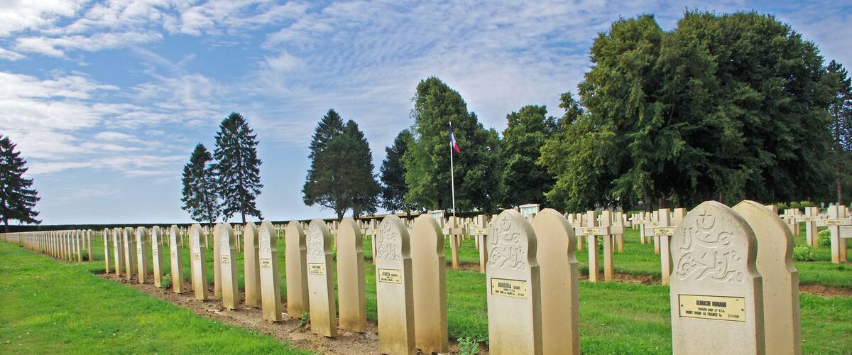 A cemetery with rows of headstones and trees in the background.