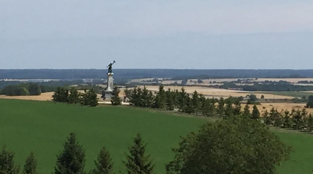 Panorama vu du Moulin de Valmy, avec, en fond, la statue commémorative du sauveur de la ville, Kellermann.