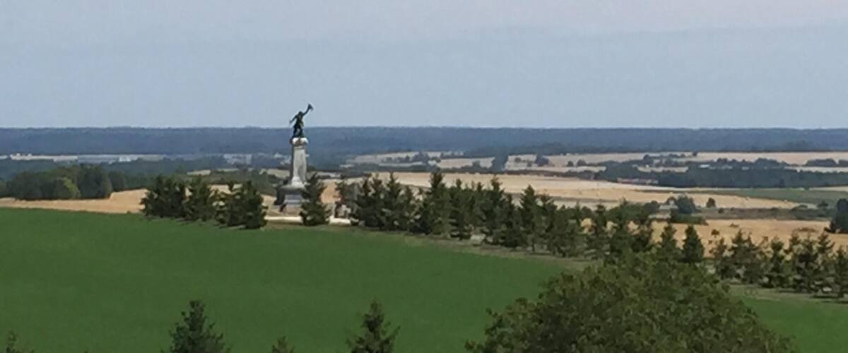 A statue on a pedestal surrounded by green fields and trees.