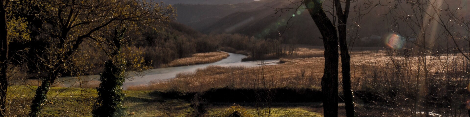 Un río serpentea por un valle con montañas al fondo y árboles enmarcan la imagen.
