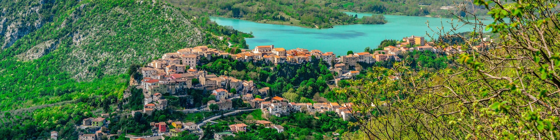 Top view of the small town of Castel San Vincenzo with the lake, Molise region, Italy