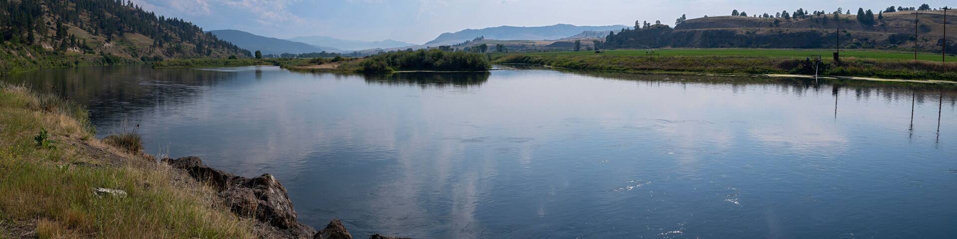 Panorama of the Missouri River and adjacent farm fields near Craig, Montana, USA
