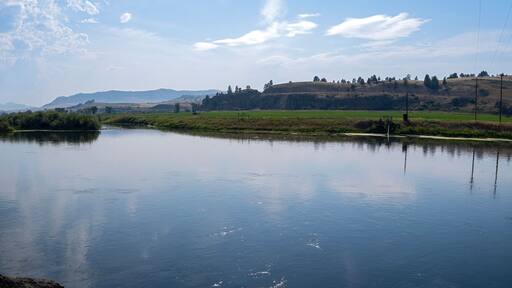 Panorama of the Missouri River and adjacent farm fields near Craig, Montana, USA