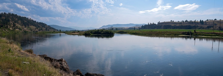 Panorama of the Missouri River and adjacent farm fields near Craig, Montana, USA