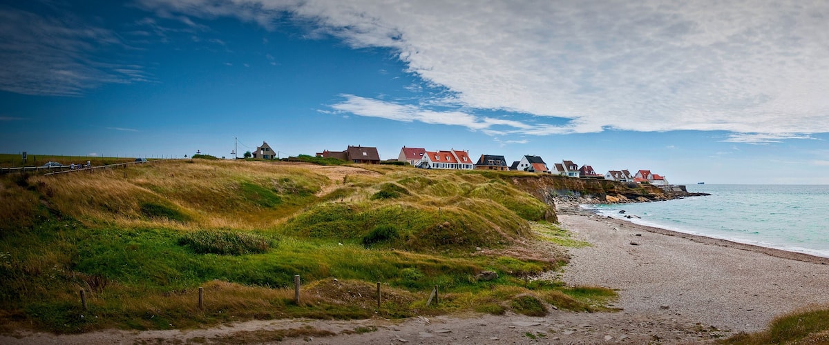 A coastal landscape with a grassy path leading to a beach, houses on a cliff, and the sea.