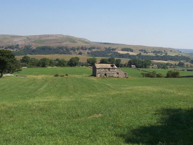 Stone Barn in Wensleydale. Somewhat ravaged structure to the east of Thornton Rust. The view looks across Wensleydale to the prominent outcrops on Ivy Scar.
