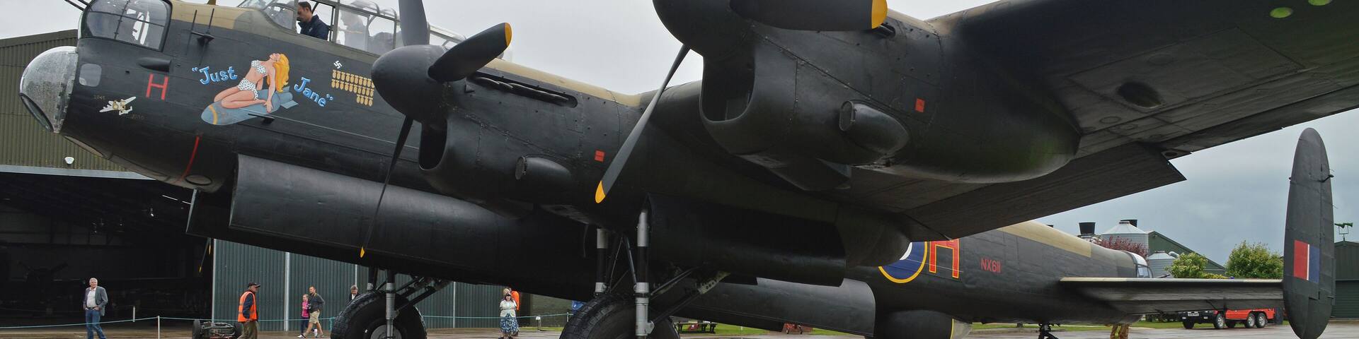 Lancaster 'Just Jane' seen outside just after one of her regular taxi-runs at the Lincolnshire Aviation Heritage Centre, East Kirkby, UK. 16-06-2014