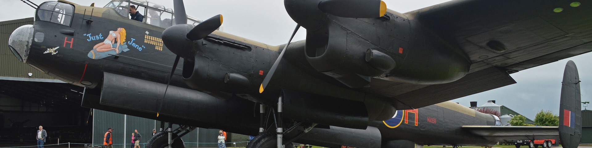 Lancaster 'Just Jane' seen outside just after one of her regular taxi-runs at the Lincolnshire Aviation Heritage Centre, East Kirkby, UK. 16-06-2014