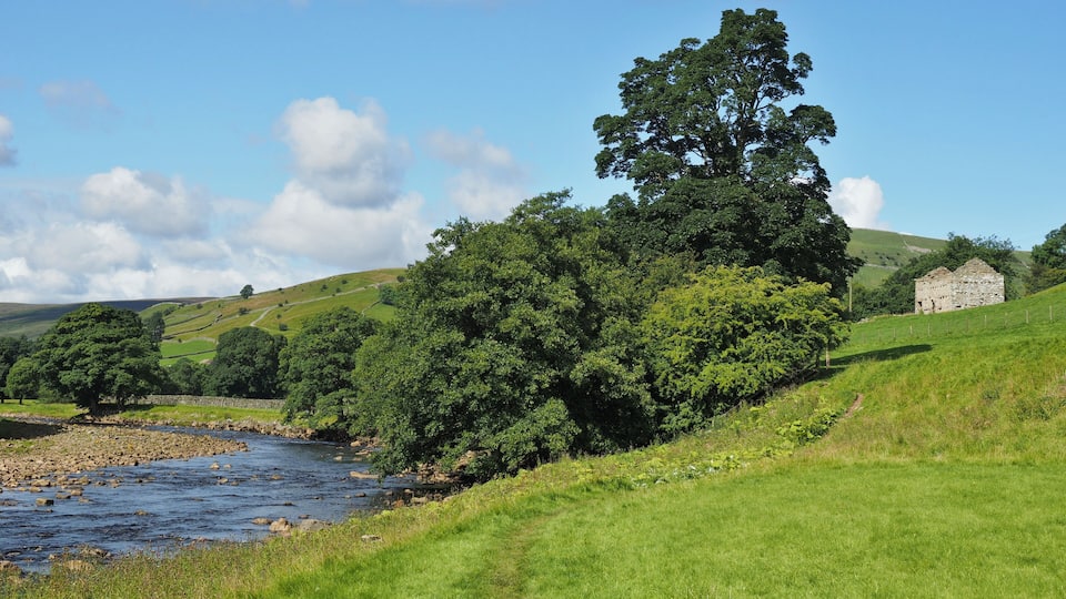 A river flowing through a lush green valley with rolling hills, a prominent tree, and a stone building.