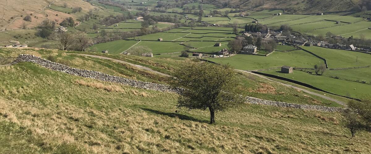 A rural landscape with rolling hills, scattered houses, and stone walls.