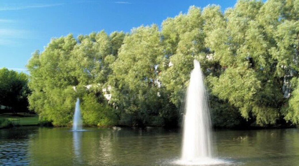 Fountains in man made lake. There are 3 man made lakes on the estate.