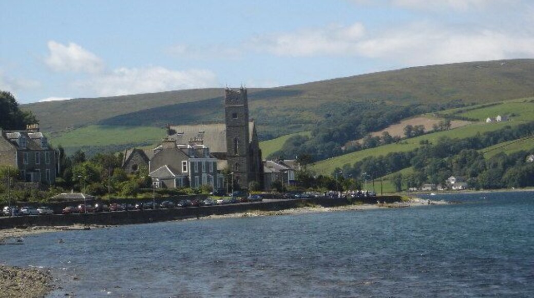 Port Bannatyne, Rothesay. Wedding emerging from church in distance