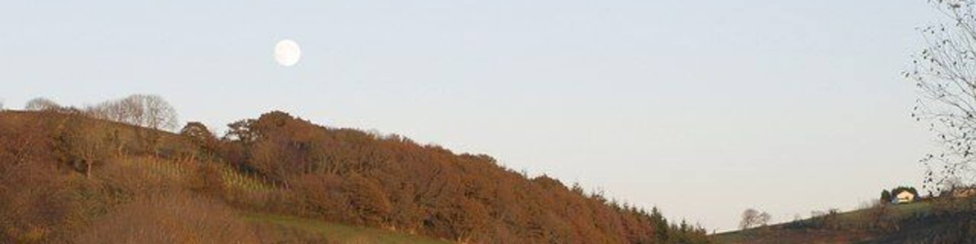 Higher Harford Farm outbuildings under Trunelshute Wood and under a full moon. From this square, the foothills of Exmoor start to rise. Seen from Landkey Footpath 16.