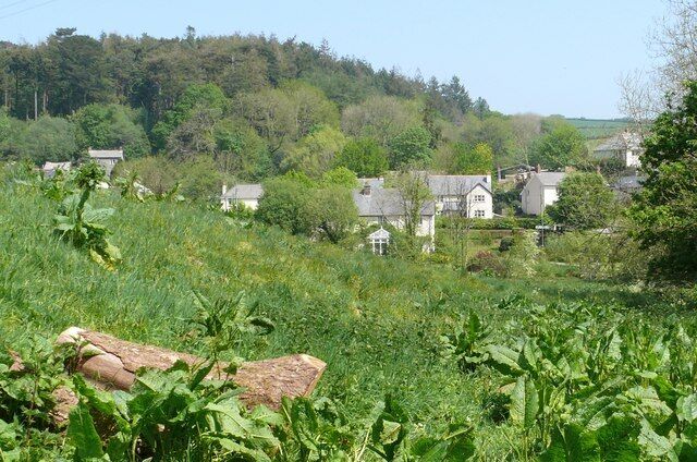 A rural village with houses surrounded by lush greenery and a hill in the background.
