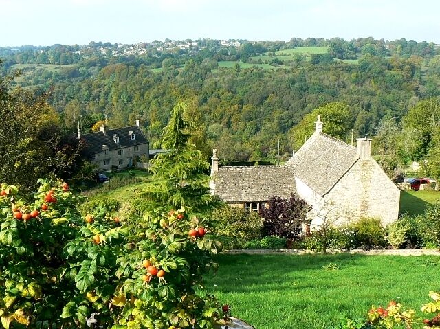A stone house surrounded by lush greenery and a forested hillside.