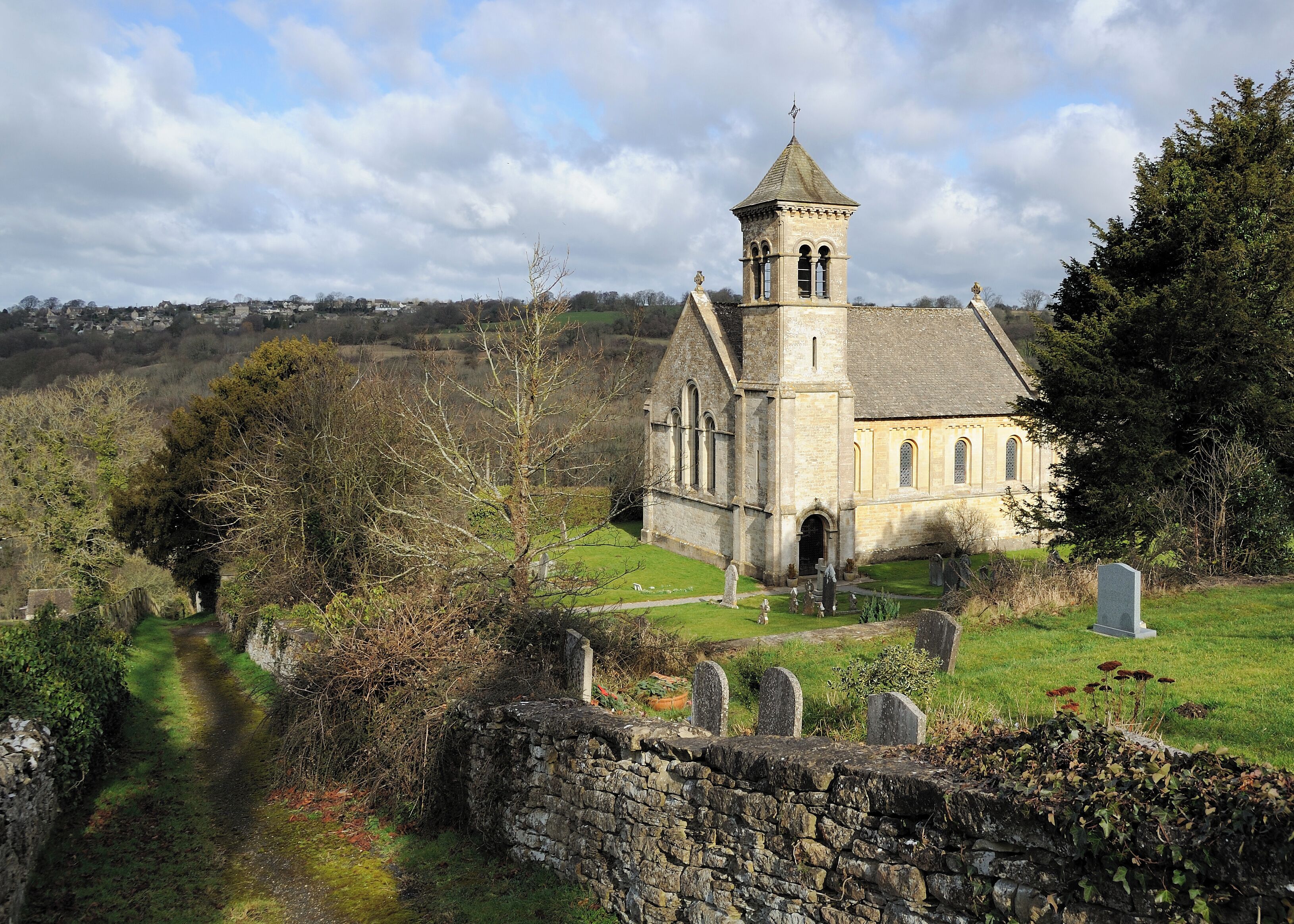 St Luke's Church in Frampton Mansell was built in 1843 by Lord Bathurst. The church sits on the top of a deep valley within the Cotswolds. The Italian style design is by J. Parish. There are a set of original five stained glass windows within the apse with one dedicated to Christ and one each for the apostles Matthew, Mark, Luke and John. St Luke's Church is an English Heritage Grade II Listed Building: http://list.english-heritage.org.uk/resultsingle.aspx?uid=1089675