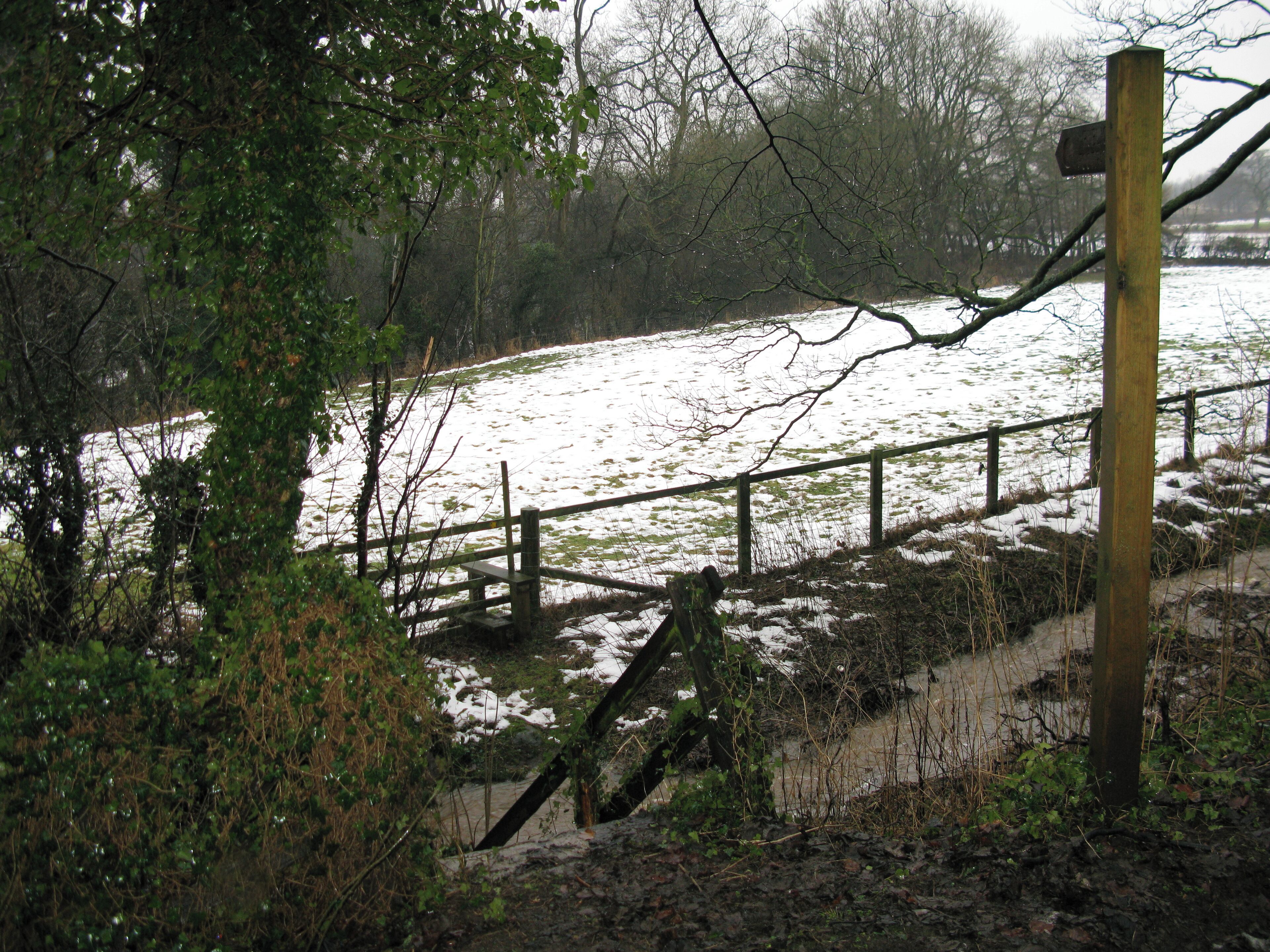 A snow-covered field with a wooden fence and a signpost.