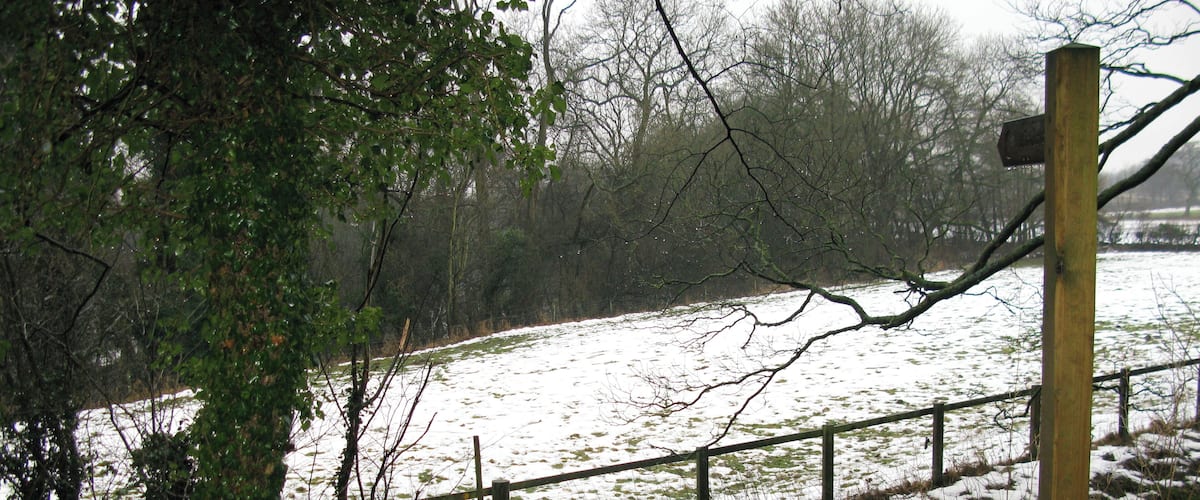 A snow-covered field with a wooden fence and a signpost.