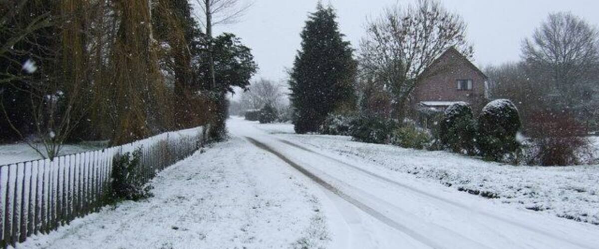 A snow-covered rural road with houses and trees on either side.