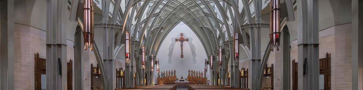 Panoramic of the interior and nave of the Ave Maria Catholic Church in Ave Maria, Florida