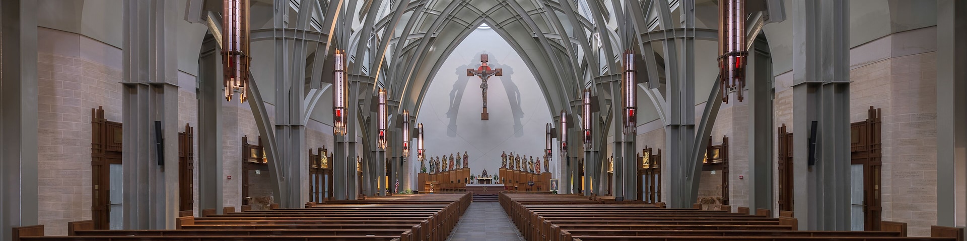 Panoramic of the interior and nave of the Ave Maria Catholic Church in Ave Maria, Florida