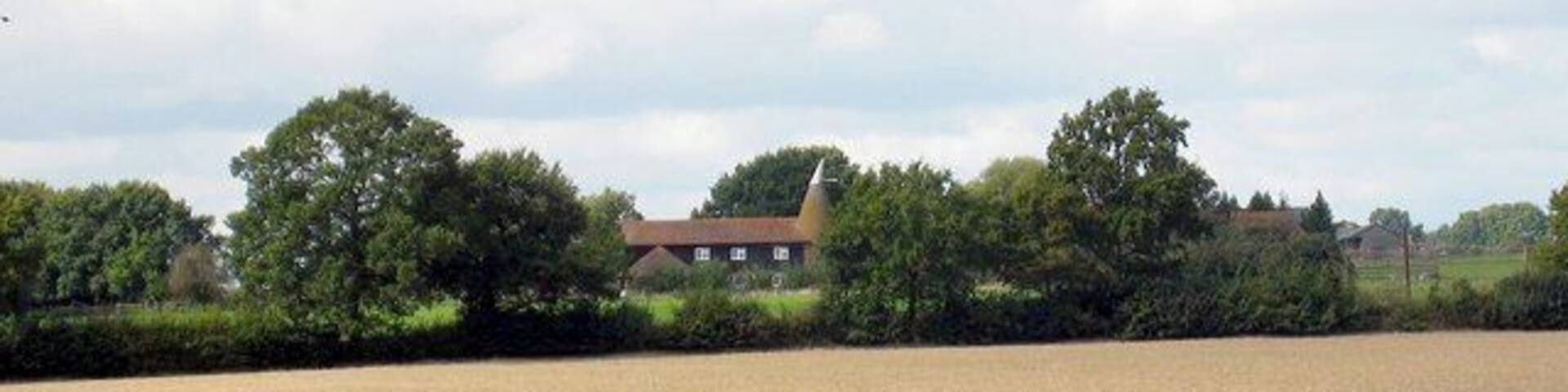 A rural landscape with a field, a house, and trees.