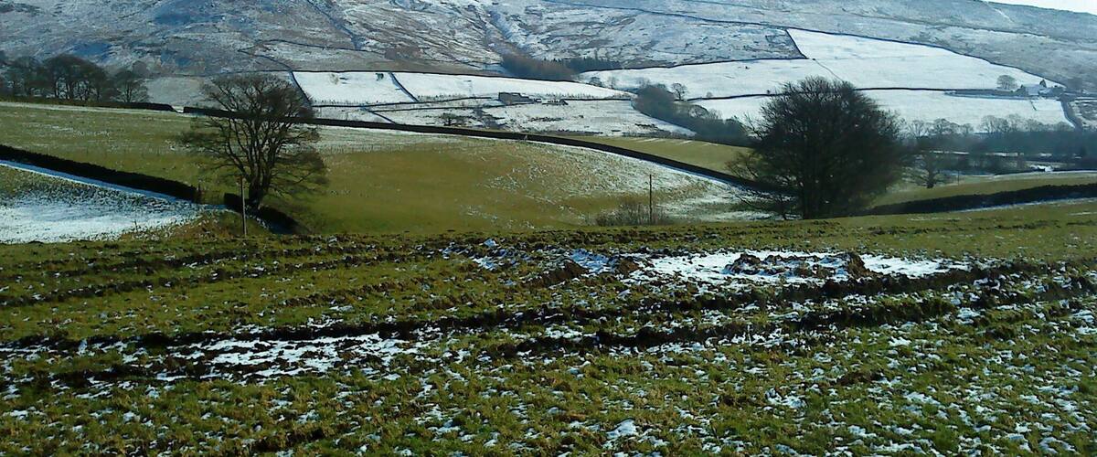 A rural landscape with snow-covered fields, a stone wall, and a hill in the background.