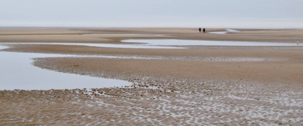 A wide, flat landscape with a few puddles and a person in the distance.