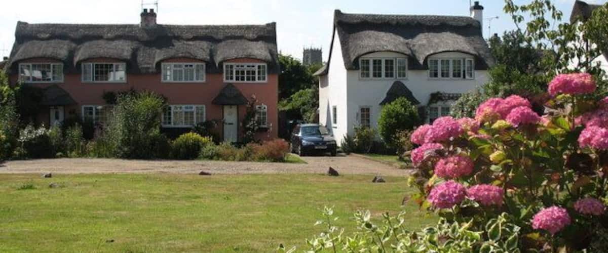 Une rangée de maisons aux toits de chaume, une pelouse verdoyante et des fleurs roses au premier plan.