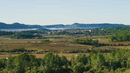 The village and the Southeastern part of the communal area seen from Northeast. Prades-sur-Vernazobre, Hérault, France. These vines are among those which produce the French wine Saint-Chinian.