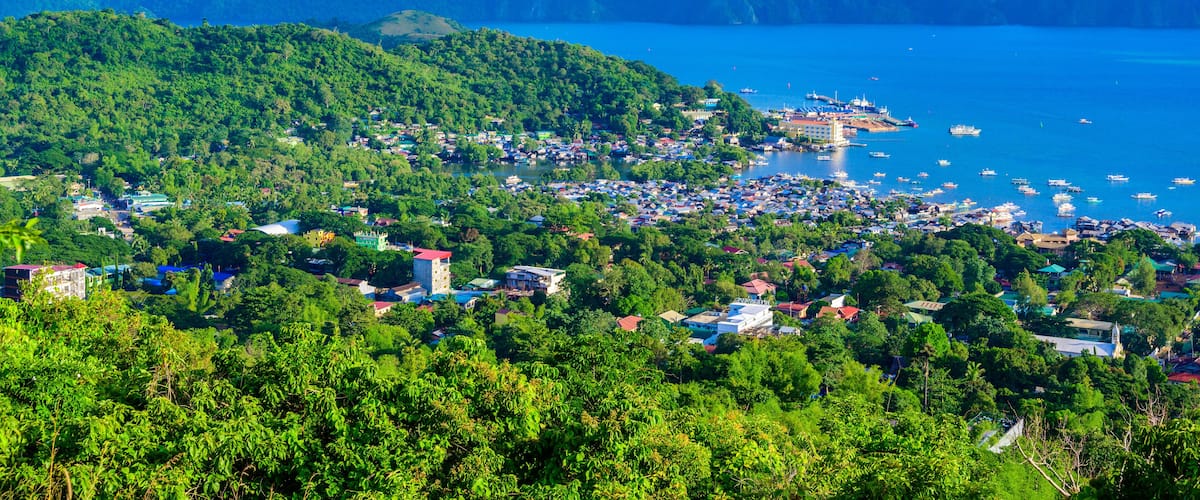 A coastal town with a dense cluster of buildings, a bay with numerous boats, and lush green hills in the background.