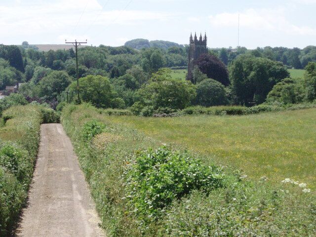 Field land and St Mary Magdalene's - Chewton Mendip. A view over the tower of St Mary Magdalene's church from Field Lane.