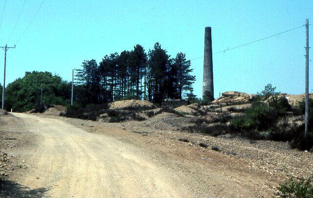 Former Devon Gt Consols mine 1978. Photograph taken of the chimney stack marked on OS maps and probably the location of former Wheal Anna Maria at Devon Gt Consols Mine, Blanchdown Wood near Gunnislake. The chimney was probably part of an arsenic flue, hence the lack of vegetation in 1976.