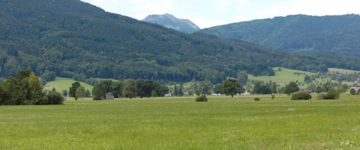 A green valley with mountains in the background.