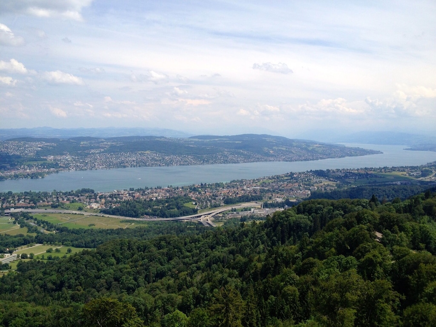 A coastal city with a large body of water, surrounded by hills and dense forests.