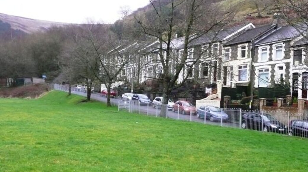 Six Bells recreation ground On of the few flat areas in this village. Cwm Nant-y-groes can be seen to the left. The square goes halfway up this valley.