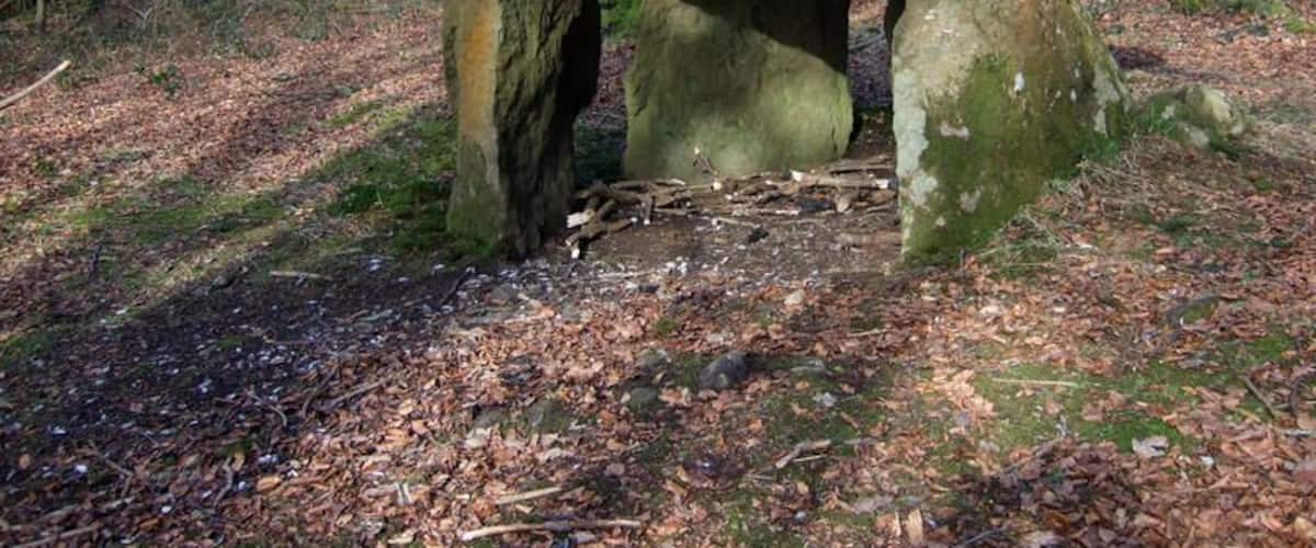 A large standing stone structure in a forested area.