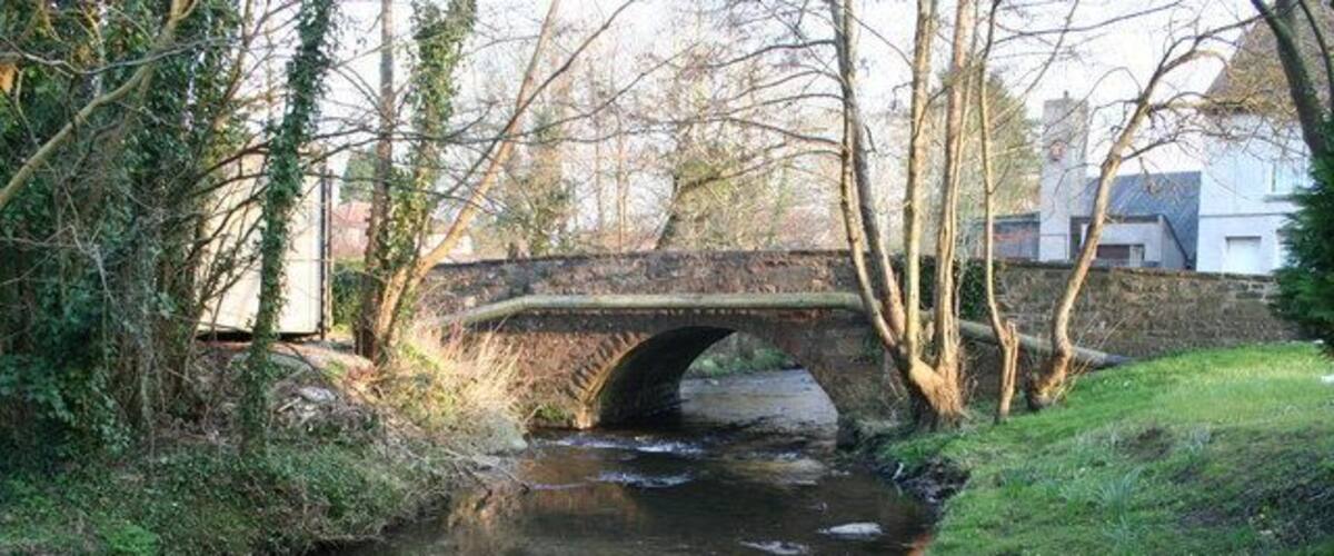 A stone bridge over a calm river, surrounded by trees and grass.