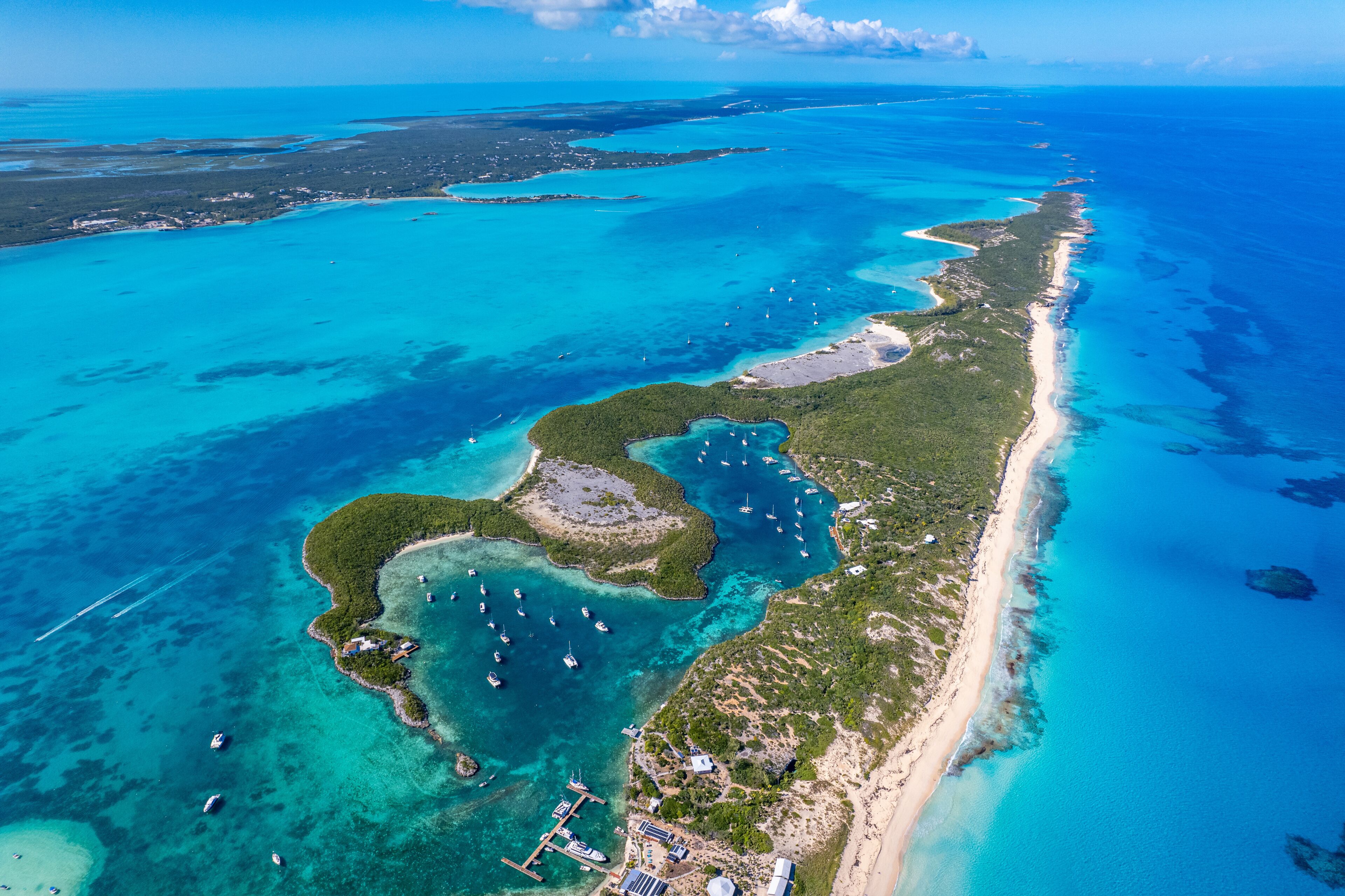 The drone aerial footage of Stocking Island, Great Exuma, Bahamas.